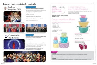 11você pode10 você pode
Os 40 anos da Tupperware serão inesquecíveis. Venha fazer parte desta
comemoração mais que especial.
Qualifique-se e venha comemorar!
O ÚLTIMO PERÍODO PARA
QUALIFICAÇÃO JÁ COMEÇOU!
RECONHECIMENTO PARA LÍDERES EMPREENDEDORAS QUALIFICADAS
1 Porta Tudo - 10 litros
+ 1 Tupper Caixa - 5,5 litros
+ 1 Tupper Caixa - 2,4 litros
+ 1 Tupper Caixa - 1,7 litro
+ 1 Tupper Caixa - 1,1 litro
+ 1 Tupper Redondinha - 500 ml
RECONHECIMENTO CONSULTORAS QUALIFICADAS
1 Mega Criativa - 10 - litros
+ 1 Maxi Criativa - 7,8 - litros
+ 1 Criativa - 3 litros
+ 1 Mini Criativa - 1,4 litro
EMPRESÁRIAS QUALIFICADAS PARA O MEGA ENCONTRO
Serão reconhecidas com um presente
composto por 50 produtos Tupperware.
Linha Tupper Caixa + Porta tudo
Nova Estampa!
Linha Criativa - Novas Cores!
Incentivos especiais VP
Cores que contam 40 anos de história
Consultoras
Ter no mínimo 5 atividades durante as semanas 5 a 12.2016: média de vendas de R$ 515,00 (por atividade) mais 1 Coração Ativo.
Líderes Empreendedoras
Mínimo de 10 corações ativos de grupo e ser nível Vanguard Bronze (média de vendas) durante as semanas 5 a 12.2016.
Empresárias
Superar em 10% os objetivos de Vendas, Nomeações e Recrutamentos + 2 Nomeações Produtivas, durante as semanas 5 a 12.2016.
QUALIFICAÇÃO
Um momento especial para as melhores Consultoras e Líderes
Empreendedoras em vendas pessoais do Brasil!
Regras de Qualificação
Para Consultoras e Líderes Empreendedoras em vendas
pessoais que durante o período das semanas 1 a 53.2016
atingirem o valor médio de vendas equivalente ao nível Platina
em todos os Vitrines (Vitrine 1 ao 13.2016), desde que tenham
sido no mínimo Estrela Dealer em cada período.
Confira mais sobre esse incentivo no site Tupper City:
www.tuppercity.com.br ou na sua Distribuição.
Realeza
Vanguard 2016
Especial para Líderes Empreendedoras e Empresárias
“Não tenho palavras para descrever o que senti ao subir no palco do
Super Seminário e ser coroada Rainha Vanguard 2015.”
Margarida Gomes Sandim - Líder Empreendedora
Distribuição Campo Grande
Acredite! Você também pode viver esse sonho!
Confira a regra de qualificação com o seu Distribuidor ou na
Tupper City: www.tuppercity.com.br
Constelação
das Estrelas
Semanas 33.2015 a 32.2016
Semanas 1 a 53.2016
Especial para Consultoras, Líderes e Empresárias
Semanas 5 a 12.2016
Osbrindesserãoiguaisousimilaresaosapresentadosnestarevista.
Incentivos especiais do período
Consultora número 1 do Brasil - Débora Alves Morais Gotardi - Distribuição Campo Grande
Rainha e as Princesas Imperatriz e as Duquesas
Rainha Vanguard 2015 - Margarida Gomes Sandim da Distribuição Campo Grande
e Imperatriz Vanguard 2015 - Maura Conceição Lopes da Distribuição Grande Vitória
Evento Constelação das Estrelas 2015
 