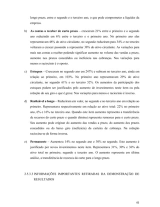 longo prazo, entre o segundo e o terceiro ano, o que pode comprometer a liquidez da
     empresa.

b)   As contas a receber de curto prazo – cresceram 21% entre o primeiro e o segundo
     ano reduzindo em 6% entre o terceiro e o primeiro ano. No primeiro ano elas
     representavam 48% do ativo circulante, no segundo reduziram para 34% e no terceiro
     voltaram a crescer passando a representar 38% do ativo circulante. As variações para
     mais nas contas a receber podendo significar aumento no volume das vendas a prazo,
     aumento nos prazos concedidos ou ineficácia nas cobranças. Nas variações para
     menos o raciocínio é o oposto.

c)   Estoques – Cresceram no segundo ano em 247% e subiram no terceiro ano, ainda em
     relação ao primeiro, em 103%. No primeiro ano representavam 29% do ativo
     circulante, no segundo 61% e no terceiro 52%. Os aumentos da participação dos
     estoques podem ser justificados pelo aumento de investimentos neste item ou pela
     redução do seu giro o que é grave. Nas variações para menos o raciocínio é inverso.

d)   Realizável a longo – Reduziram em valor, no segundo e no terceiro ano em relação ao
     primeiro. Representava respectivamente em relação ao ativo total: 22% no primeiro
     ano, 6% e 16% no terceiro ano. Quando este item aumenta representa a transferência
     de recursos do curto prazo e quando diminui representa remessas para o curto prazo.
     Seu aumento pode originar do aumento das vendas a prazo, do aumento dos prazos
     concedidos ou do baixo giro (ineficácia) da carteira de cobrança. Na redução
     raciocina-se de forma inversa.

e)   Permanente – Aumentou 14% no segundo ano e 30% no segundo. Este aumento é
     justificado por novos investimentos neste item. Representava 31%, 30% e 36% do
     ativo total no primeiro, segundo e terceiro ano. O aumento representa em última
     análise, a transferência de recursos do curto para o longo prazo.




2.5.3.3 INFORMAÇÕES IMPORTANTES RETIRADAS DA DEMONSTRAÇÃO DE
       RESULTADOS




                                                                                           41
 