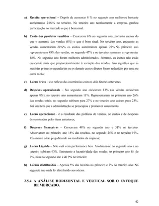 a) Receita operacional – Depois de aumentar 8 % no segundo ano melhorou bastante
     aumentando 24%% no terceiro. No terceiro ano teoricamente a empresa ganhou
     participação no mercado o que é bom sinal.

b) Custo dos produtos vendidos – Cresceram 6% no segundo ano, portanto menos do
     que o aumento das vendas (8%) o que é bom sinal. No terceiro ano, enquanto as
     vendas aumentaram 24%% os custos aumentaram apenas 22%.No primeiro ano
     representavam 48% das vendas; no segundo 47% e no terceiro passaram a representar
     48%. No segundo ano foram melhores administrados. Portanto, os custos não estão
     crescendo mais que proporcionalmente à variação das vendas. Isso significa que as
     matérias primas e secundárias ou os demais custos diretos foram reduzidos por uma ou
     outra razão;

c) Lucro bruto – é o reflexo das ocorrências com os dois fatores anteriores.

d) Despesas operacionais – No segundo ano cresceram 13% (as vendas cresceram
     apenas 8%); no terceiro ano aumentaram 11%. Representaram no primeiro ano 26%
     das vendas totais; no segundo subiram para 27% e no terceiro ano caíram para 23%.
     Foi um item que a administração se preocupou e promover saneamento.

e) Lucro operacional – é o resultado das políticas de vendas, de custos e de despesas
     demonstrados pelos itens anteriores;

f)   Despesas financeiras – Cresceram 48% no segundo ano e 31% no terceiro.
     Absorveram no primeiro ano 18% das receitas, no segundo 25% e no terceiro 19%.
     Realmente estão prejudicando os resultados da empresa;

g) Lucro Líquido – Não está com performance boa. Anularam-se no segundo ano e no
     terceiro subiram 63%. Entretanto a lucratividade das vendas no primeiro ano foi de
     7%, nula no segundo ano e de 9% no terceiro;

h) Lucros distribuídos – Apenas 5% das receitas no primeiro e 2% no terceiro ano. No
     segundo ano nada foi distribuído aos sócios.


2.5.4 A ANÁLISE HORIZONTAL E VERTICAL SOB O ENFOQUE
      DE MERCADO.



                                                                                      42
 