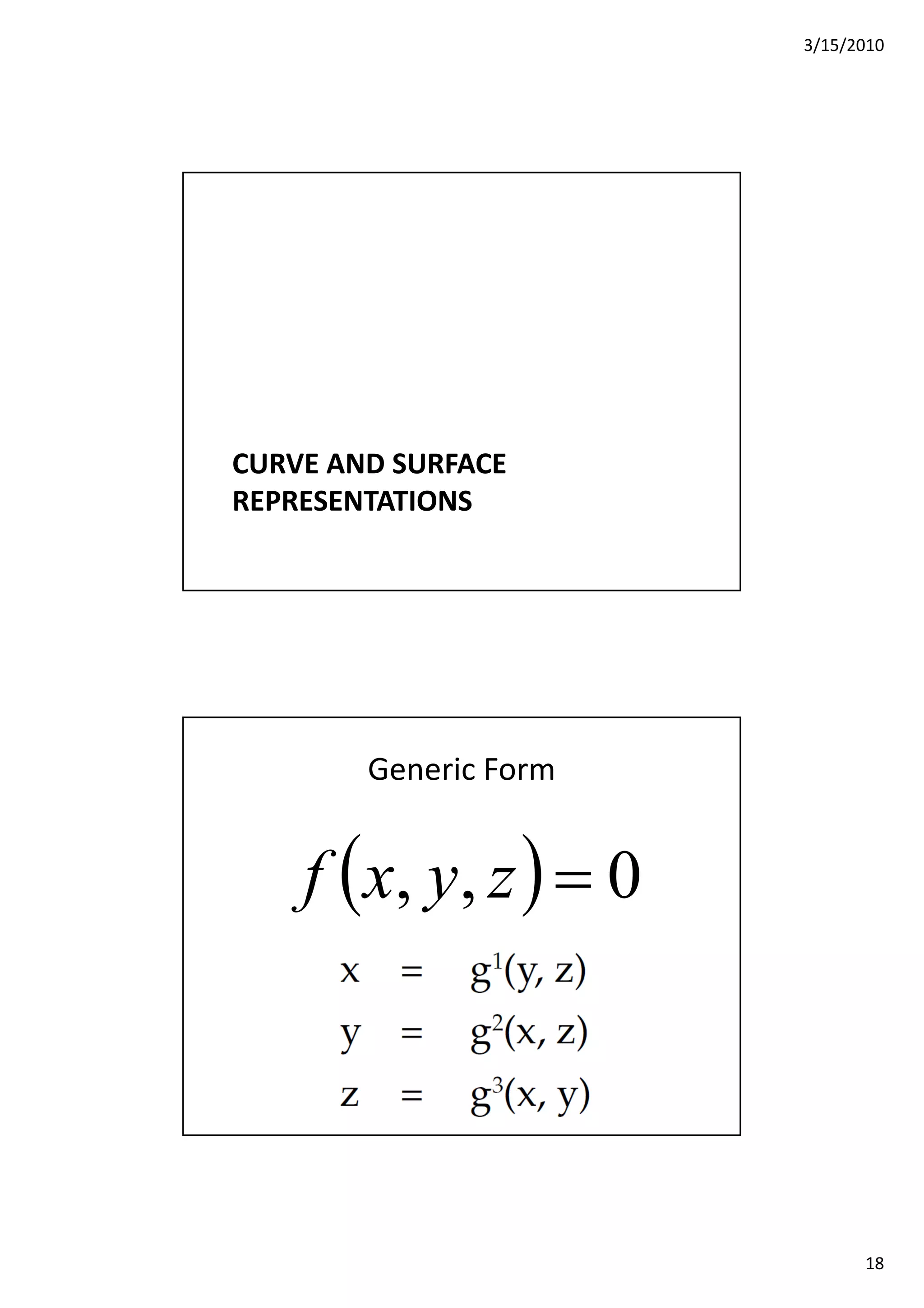 3/15/2010
18
CURVE AND SURFACE 
REPRESENTATIONS
Generic Form
  0f   0,, zyxf
 