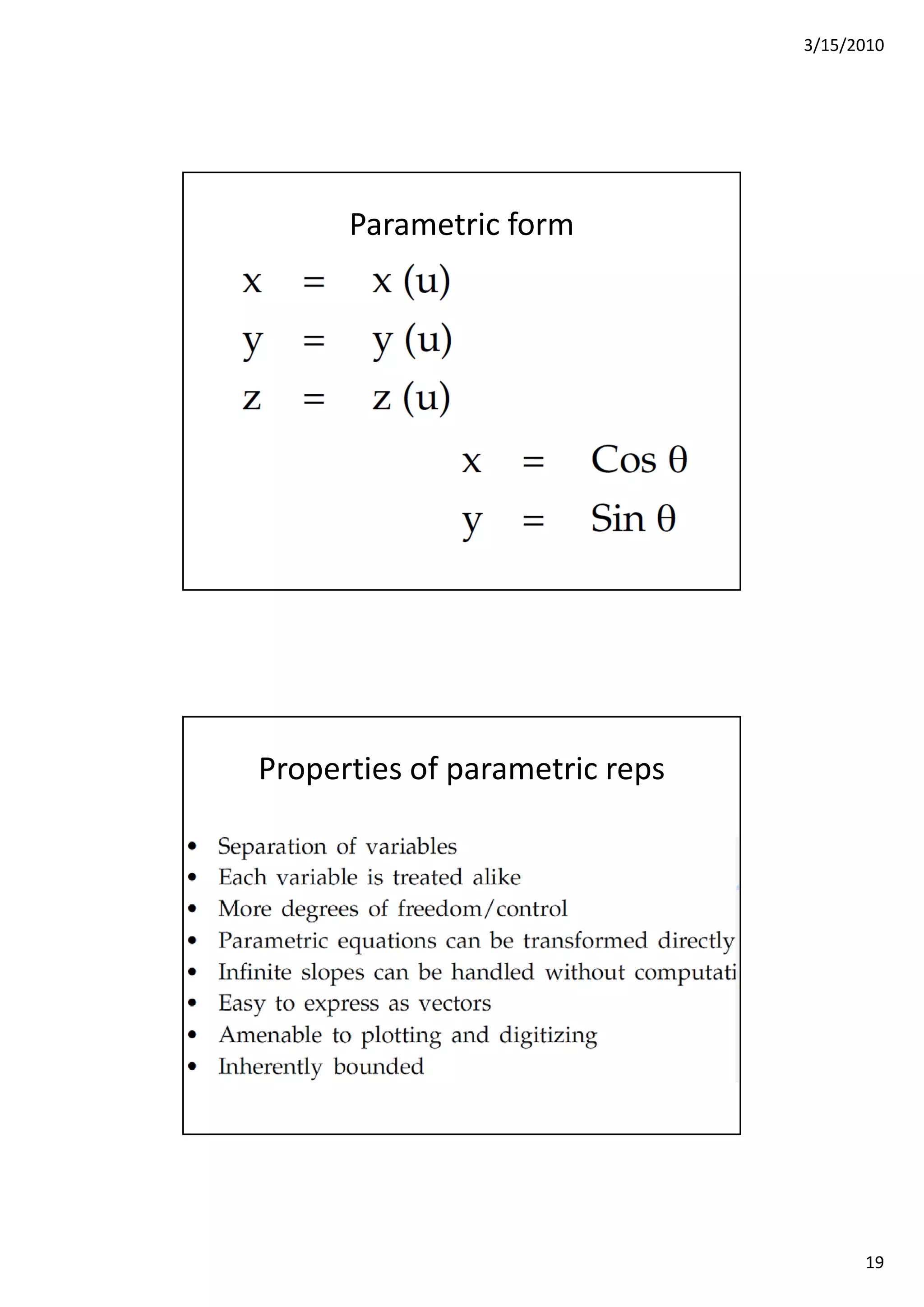 3/15/2010
19
Parametric form
Properties of parametric reps
 