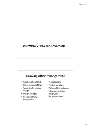 3/15/2010
15
DRAWING OFFICE MANAGEMENT
Drawing office management
• Creation of parts list
Bill f t i l (BOM)
• Project costing
P d t i ti• Bill of material (BOM)
• Searching for similar 
design
• Design changes
• Replacing faulty 
• Product variations
• Web enabled softwares
• Integrated drafting, 
design, and 
documentations
components
 