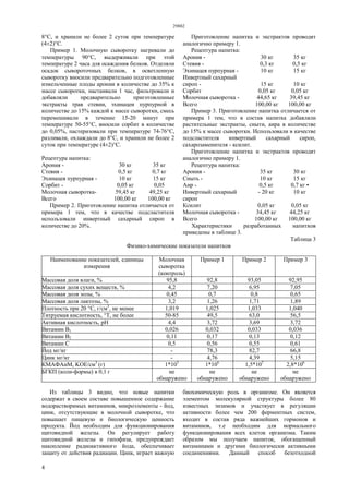 29882
4
8°С, и хранили не более 2 суток при температуре
(4±2)°С.
Пример 1. Молочную сыворотку нагревали до
температуры 90°С, выдерживали при этой
температуре 2 часа для осаждения белков. Отделяли
осадок сывороточных белков, в осветленную
сыворотку вносили предварительно подготовленные
измельченные плоды аронии в количестве до 35% к
массе сыворотки, настаивали 1 час, фильтровали и
добавляли предварительно приготовленные
экстракты трав стевии, эхинацеи пурпурной в
количестве до 15% каждой к массе сыворотки, смесь
перемешивали в течение 15-20 минут при
температуре 50-55°С, вносили сорбит в количестве
до 0,05%, пастеризовали при температуре 74-76°С,
разливали, охлаждали до 8°С, и хранили не более 2
суток при температуре (4±2)°С.
Рецептура напитка:
Арония - 30 кг 35 кг
Стевия - 0,5 кг 0,7 кг
Эхинацея пурпурная - 10 кг 15 кг
Сорбит - 0,05 кг 0,05
Молочная сыворотка- 59,45 кг 49,25 кг
Всего 100,00 кг 100,00 кг
Пример 2. Приготовление напитка отличается от
примера 1 тем, что в качестве подсластителя
использовали инвертный сахарный сироп в
количестве до 20%.
Приготовление напитка и экстрактов проводят
аналогично примеру 1.
Рецептура напитка:
Арония - 30 кг 35 кг
Стевия - 0,3 кг 0,5 кг
Эхинацея пурпурная - 10 кг 15 кг
Инвертный сахарный
сироп - 15 кг 10 кг
Сорбит 0,05 кг 0,05 кг
Молочная сыворотка - 44,65 кг 39,45 кг
Всего 100,00 кг 100,00 кг
Пример 3. Приготовление напитка отличается от
примера 1 тем, что в состав напитка добавляли
растительные экстракты, сныти, аира в количестве
до 15% к массе сыворотки. Использовали в качестве
подсластителя инвертный сахарный сироп,
сахарозаменителя - ксилит.
Приготовление напитка и экстрактов проводят
аналогично примеру 1.
Рецептура напитка:
Арония - 35 кг 30 кг
Сныть - 10 кг 15 кг
Аир - 0,5 кг 0,7 кг •
Инвертный сахарный
сироп
- 20 кг 10 кг
Ксилит 0,05 кг 0,05 кг
Молочная сыворотка - 34,45 кг 44,25 кг
Всего 100,00 кг 100,00 кг
Характеристики разработанных напитков
приведены в таблице 3.
Таблица 3
Физико-химические показатели напитков
Наименование показателей, единицы
измерения
Молочная
сыворотка
(контроль)
Пример 1 Пример 2 Пример 3
Массовая доля влаги, % 95,8 92,8 93,05 92,95
Массовая доля сухих веществ, % 4,2 7,20 6,95 7,05
Массовая доля золы, % 0,45 0,7 0,8 0,65
Массовая доля лактозы, % 3,2 1,26 1,71 1,89
Плотность при 20 °С, г/см3
, не менее 1,019 1,025 1,033 1,040
Титруемая кислотность, °Т, не более 50-85 49,5 63,0 56,5
Активная кислотность, pH 4,4 3,72 3,69 3,72
Витамин B1 0,026 0,032 0,033 0,036
Витамин В2 0,11 0,17 0,13 0,12
Витамин С 0,5 0,56 0,55 0,61
Йод мг/кг - 78,3 82,7 66,8
Цинк мг/кг - 4,76 4,39 5,15
КМАФАнМ, KOE/см3
(г) 1*105
1*106
1,5*107
2,8*106
БГКП (коли-формы) в 0,1 г не не не не
обнаружено обнаружено обнаружено обнаружено
Из таблицы 3 видно, что новые напитки
содержат в своем составе повышенное содержание
водорастворимых витаминов, микроэлементы - йод,
цинк, отсутствующие в молочной сыворотке, что
повышает пищевую и биологическую ценность
продукта. Йод необходим для функционирования
щитовидной железы. Он регулирует работу
щитовидной железы и гипофиза, предупреждает
накопление радиоактивного йода, обеспечивает
защиту от действия радиации. Цинк, играет важную
биохимическую роль в организме. Он является
элементом молекулярной структуры более 80
известных энзимов и участвует в регуляции
активности более чем 200 ферментных систем,
входит в состав ряда важнейших гормонов и
витаминов, т.е необходим для нормального
функционирования всех клеток организма. Таким
образом мы получаем напиток, обогащенный
витаминами и другими биологически активными
соединениями. Данный способ безотходной
 