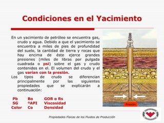 Propiedades Físicas de los Fluidos de Producción
Condiciones en el Yacimiento
Presión
En un yacimiento de petróleo se encuentra gas,
crudo y agua. Debido a que el yacimiento se
encuentra a miles de pies de profundidad
del suelo, la cantidad de tierra y rocas que
hay encima de éste ejerce grandes
presiones (miles de libras por pulgada
cuadrada o psi) sobre el gas y crudo
contenidos en el. El volumen del crudo y el
gas varían con la presión.
Los tipos de crudo se diferencian
principalmente por las siguientes
propiedades que se explicarán a
continuación:
Pb Bo GOR o Rs
SG ºAPI Viscosidad
Color Co Densidad
 