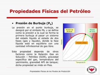 Propiedades Físicas de los Fluidos de Producción
• Presión de Burbuja (Pb)
La presión en el punto burbuja, se
designó por el símbolo Pb, y se define
como la presión a la cual se forma la
primera burbuja al pasar un sistema
del estado líquido al estado de dos
fases (gas y líquido), donde la fase
líquida está en equilibrio con una
cantidad infinitesimal de gas libre.
Esta propiedad depende de otros
factores como la Relación Gas en
Solución – Petróleo (GOR), gravedad
específica del gas, temperatura del
yacimiento, gravedad API de tanque;
dicha propiedad se mide en Psia.
Propiedades Físicas del Petróleo
Presión
Temperatura
Presión de
Brubuja
Presión
de rocío
Presión crítica
 