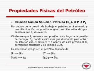 Propiedades Físicas de los Fluidos de Producción
• Relación Gas en Solución-Petróleo (Rs), @ P < Pb
Por debajo de la presión de burbuja el petróleo está saturado y
una disminución de presión origina una liberación de gas,
debido a que Rs disminuye.
Obsérvese que Rs aumenta con presión hasta llegar a la presión
de burbuja, Pb, donde existe más gas disponible para entrar
en solución con el petróleo y a apartir de esta presión el Rs
permanece constante y es llamado GOR.
La solubilidad del gas en el petróleo depende de:
P Rs T Rs
ºAPI Rs SGg Rs
Propiedades Físicas del Petróleo
 