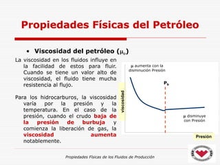 Propiedades Físicas de los Fluidos de Producción
• Viscosidad del petróleo (o)
Propiedades Físicas del Petróleo
viscosidad
Presión
Pb
 disminuye
con Presión
 aumenta con la
disminución Presión
La viscosidad en los fluidos influye en
la facilidad de estos para fluir.
Cuando se tiene un valor alto de
viscosidad, el fluido tiene mucha
resistencia al flujo.
Para los hidrocarburos, la viscosidad
varía por la presión y la
temperatura. En el caso de la
presión, cuando el crudo baja de
la presión de burbuja y
comienza la liberación de gas, la
viscosidad aumenta
notablemente.
 