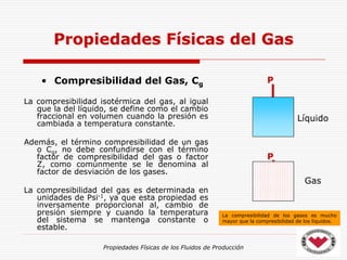 Propiedades Físicas de los Fluidos de Producción
• Compresibilidad del Gas, Cg
La compresibilidad isotérmica del gas, al igual
que la del líquido, se define como el cambio
fraccional en volumen cuando la presión es
cambiada a temperatura constante.
Además, el término compresibilidad de un gas
o Cg, no debe confundirse con el término
factor de compresibilidad del gas o factor
Z, como comúnmente se le denomina al
factor de desviación de los gases.
La compresibilidad del gas es determinada en
unidades de Psi-1, ya que esta propiedad es
inversamente proporcional al, cambio de
presión siempre y cuando la temperatura
del sistema se mantenga constante o
estable.
Propiedades Físicas del Gas
La compresibilidad de los gases es mucho
mayor que la compresibilidad de los líquidos.
P
P
Líquido
Gas
 