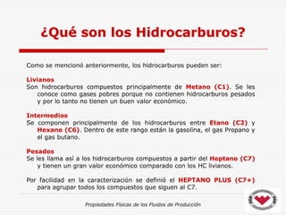 Propiedades Físicas de los Fluidos de Producción
Como se mencionó anteriormente, los hidrocarburos pueden ser:
Livianos
Son hidrocarburos compuestos principalmente de Metano (C1). Se les
conoce como gases pobres porque no contienen hidrocarburos pesados
y por lo tanto no tienen un buen valor económico.
Intermedios
Se componen principalmente de los hidrocarburos entre Etano (C2) y
Hexano (C6). Dentro de este rango están la gasolina, el gas Propano y
el gas butano.
Pesados
Se les llama así a los hidrocarburos compuestos a partir del Heptano (C7)
y tienen un gran valor económico comparado con los HC livianos.
Por facilidad en la caracterización se definió el HEPTANO PLUS (C7+)
para agrupar todos los compuestos que siguen al C7.
¿Qué son los Hidrocarburos?
 