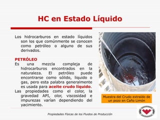 Propiedades Físicas de los Fluidos de Producción
Los hidrocarburos en estado líquidos
son los que comúnmente se conocen
como petróleo o alguno de sus
derivados.
PETRÓLEO
Es una mezcla compleja de
hidrocarburos encontrados en la
naturaleza. El petróleo puede
encontrarse como sólido, liquido o
gas, pero esta palabra generalmente
es usada para aceite crudo líquido.
Las propiedades como el color, la
gravedad API, olor, viscosidad e
impurezas varían dependiendo del
yacimiento.
Muestra del Crudo extraído de
un pozo en Caño Limón
HC en Estado Líquido
 