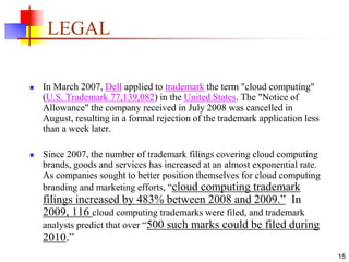 15
LEGAL
 In March 2007, Dell applied to trademark the term "cloud computing"
(U.S. Trademark 77,139,082) in the United States. The "Notice of
Allowance" the company received in July 2008 was cancelled in
August, resulting in a formal rejection of the trademark application less
than a week later.
 Since 2007, the number of trademark filings covering cloud computing
brands, goods and services has increased at an almost exponential rate.
As companies sought to better position themselves for cloud computing
branding and marketing efforts, “cloud computing trademark
filings increased by 483% between 2008 and 2009.” In
2009, 116 cloud computing trademarks were filed, and trademark
analysts predict that over “500 such marks could be filed during
2010.”
 