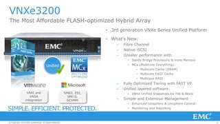 21© Copyright 2014 EMC Corporation. All rights reserved.© Copyright 2014 EMC Corporation. All rights reserved.© Copyright 2014 EMC Corporation. All rights reserved.
• 3rd generation VNXe Series Unified Platform
• What’s New:
– Fibre Channel
– Native iSCSI
– Greater performance with:
• Sandy Bridge Processors & more Memory
• MCx (Multicore Everything)
– Multicore Cache (DRAM)
– Multicore FAST Cache
– Multicore RAID
– Fully Optimized Tiering with FAST VP
– Unified layered software:
• VNXe Unified Snapshots for File & Block
– Simple and Extensive Management
• Enhanced Unisphere & Unisphere Central
• Monitoring and Reporting
VNXe3200
The Most Affordable FLASH-optimized Hybrid Array
Unified
VAAI and
VASA
integration
SMB3, ESI,
SMI-S,
SCVMM
SIMPLE. EFFICIENT. PROTECTED.
 