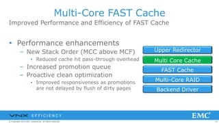 63© Copyright 2014 EMC Corporation. All rights reserved.© Copyright 2014 EMC Corporation. All rights reserved.© Copyright 2014 EMC Corporation. All rights reserved.
Improved Performance and Efficiency of FAST Cache
Multi-Core FAST Cache
 Performance enhancements
– New Stack Order (MCC above MCF)
▪ Reduced cache hit pass-through overhead
– Increased promotion queue
– Proactive clean optimization
▪ Improved responsiveness as promotions
are not delayed by flush of dirty pages
Upper Redirector
Multi Core Cache
FAST Cache
Multi-Core RAID
Backend Driver
E F F I C I E N C Y
 