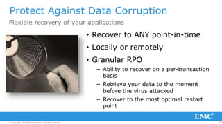 78© Copyright 2014 EMC Corporation. All rights reserved.© Copyright 2014 EMC Corporation. All rights reserved.© Copyright 2014 EMC Corporation. All rights reserved.
Protect Against Data Corruption
Flexible recovery of your applications
• Recover to ANY point-in-time
• Locally or remotely
• Granular RPO
− Ability to recover on a per-transaction
basis
− Retrieve your data to the moment
before the virus attacked
− Recover to the most optimal restart
point
 