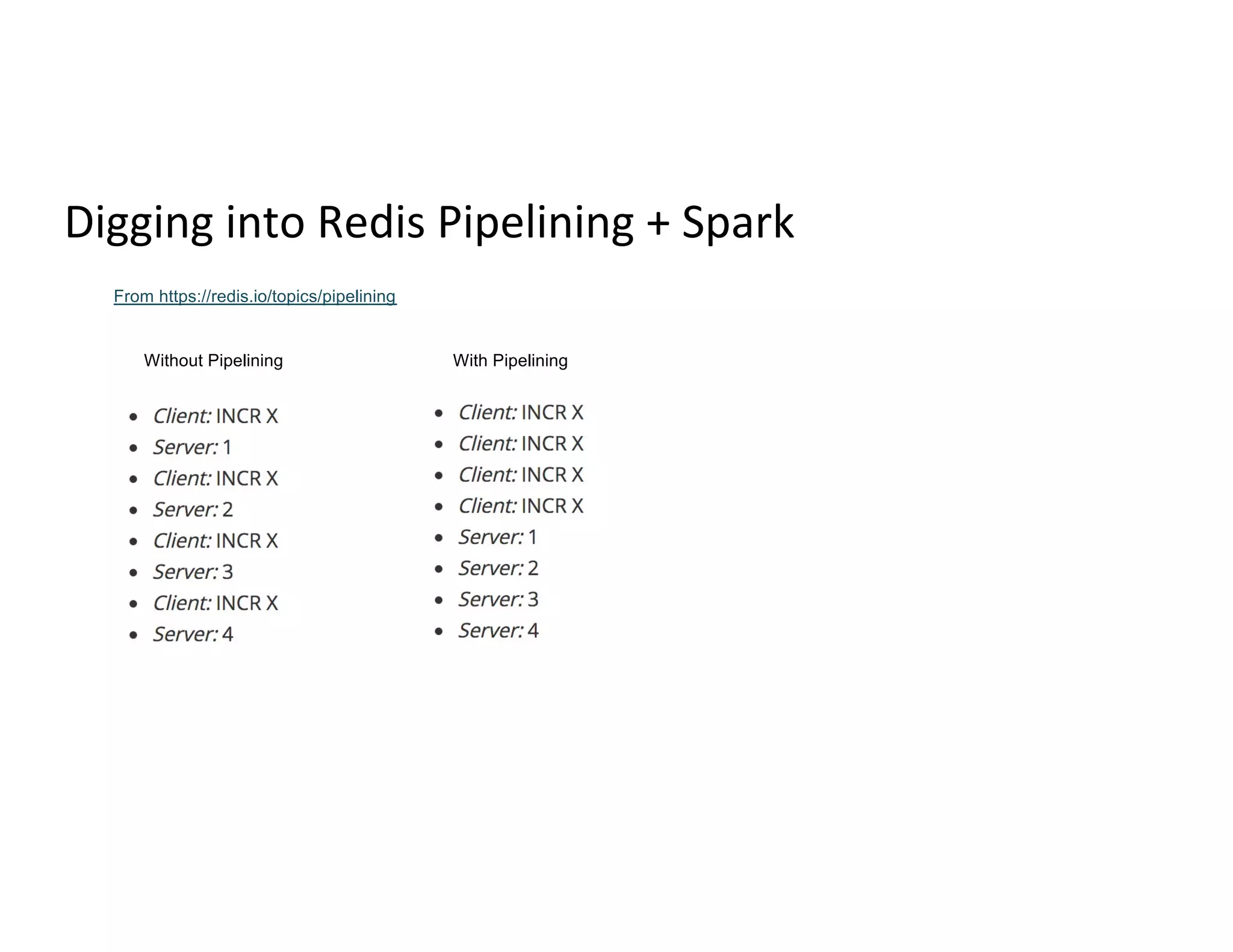 Digging into Redis Pipelining + Spark
From https://redis.io/topics/pipelining
Without Pipelining With Pipelining
 