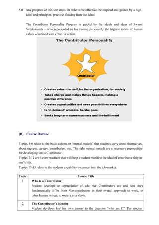 5.0 Any program of this sort must, in order to be effective, be inspired and guided by a high
ideal and principles/ practices flowing from that ideal.
The Contributor Personality Program is guided by the ideals and ideas of Swami
Vivekananda – who represented in his leonine personality the highest ideals of human
values combined with effective action.
(B) Course Outline
Topics 1-6 relate to the basic axioms or “mental models” that students carry about themselves,
about success, careers, contribution, etc. The right mental models are a necessary prerequisite
for developing into a Contributor.
Topics 7-12 are 6 core practices that will help a student manifest the ideal of contributor ship in
one‟s life.
Topics 13-15 relate to the students capability to connect into the job-market.
Topic Course Title
1 Who is a Contributor
Student develops an appreciation of who the Contributors are and how they
fundamentally differ from Non-contributors in their overall approach to work, to
other human beings, to society as a whole.
2 The Contributor’s identity
Student develops his/ her own answer to the question “who am I?” The student
 