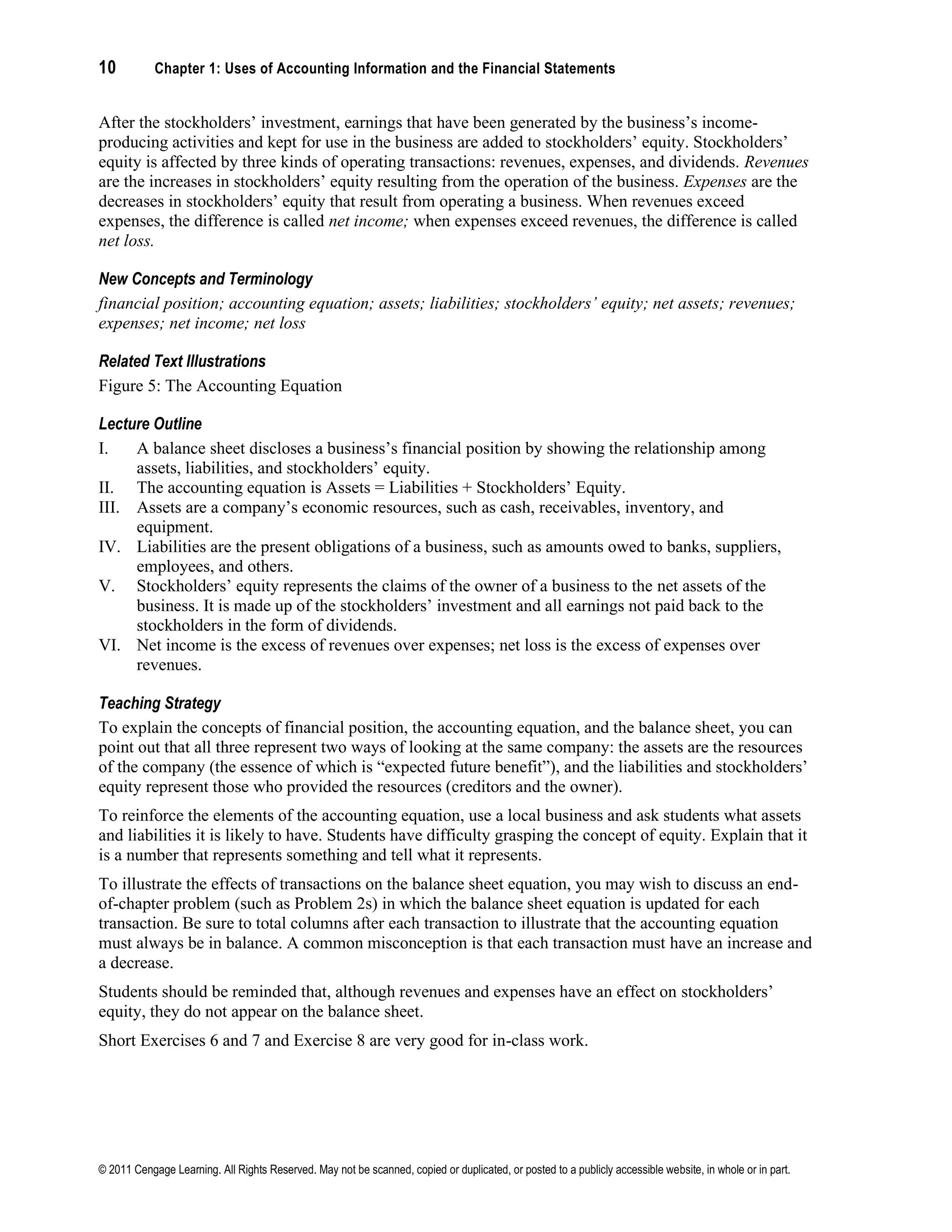 10 Chapter 1: Uses of Accounting Information and the Financial Statements
© 2011 Cengage Learning. All Rights Reserved. May not be scanned, copied or duplicated, or posted to a publicly accessible website, in whole or in part.
After the stockholders’ investment, earnings that have been generated by the business’s income-
producing activities and kept for use in the business are added to stockholders’ equity. Stockholders’
equity is affected by three kinds of operating transactions: revenues, expenses, and dividends. Revenues
are the increases in stockholders’ equity resulting from the operation of the business. Expenses are the
decreases in stockholders’ equity that result from operating a business. When revenues exceed
expenses, the difference is called net income; when expenses exceed revenues, the difference is called
net loss.
New Concepts and Terminology
financial position; accounting equation; assets; liabilities; stockholders’ equity; net assets; revenues;
expenses; net income; net loss
Related Text Illustrations
Figure 5: The Accounting Equation
Lecture Outline
I. A balance sheet discloses a business’s financial position by showing the relationship among
assets, liabilities, and stockholders’ equity.
II. The accounting equation is Assets = Liabilities + Stockholders’ Equity.
III. Assets are a company’s economic resources, such as cash, receivables, inventory, and
equipment.
IV. Liabilities are the present obligations of a business, such as amounts owed to banks, suppliers,
employees, and others.
V. Stockholders’ equity represents the claims of the owner of a business to the net assets of the
business. It is made up of the stockholders’ investment and all earnings not paid back to the
stockholders in the form of dividends.
VI. Net income is the excess of revenues over expenses; net loss is the excess of expenses over
revenues.
Teaching Strategy
To explain the concepts of financial position, the accounting equation, and the balance sheet, you can
point out that all three represent two ways of looking at the same company: the assets are the resources
of the company (the essence of which is “expected future benefit”), and the liabilities and stockholders’
equity represent those who provided the resources (creditors and the owner).
To reinforce the elements of the accounting equation, use a local business and ask students what assets
and liabilities it is likely to have. Students have difficulty grasping the concept of equity. Explain that it
is a number that represents something and tell what it represents.
To illustrate the effects of transactions on the balance sheet equation, you may wish to discuss an end-
of-chapter problem (such as Problem 2s) in which the balance sheet equation is updated for each
transaction. Be sure to total columns after each transaction to illustrate that the accounting equation
must always be in balance. A common misconception is that each transaction must have an increase and
a decrease.
Students should be reminded that, although revenues and expenses have an effect on stockholders’
equity, they do not appear on the balance sheet.
Short Exercises 6 and 7 and Exercise 8 are very good for in-class work.
 