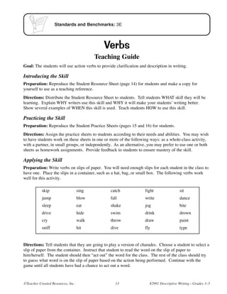 ©Teacher Created Resources, Inc. 13 #2991 Descriptive Writing—Grades 3–5
Standards and Benchmarks: 3E
Verbs
Teaching Guide
Goal: The students will use action verbs to provide clarification and description in writing.
Introducing the Skill
Preparation: Reproduce the Student Resource Sheet (page 14) for students and make a copy for
yourself to use as a teaching reference.
Directions: Distribute the Student Resource Sheet to students. Tell students WHAT skill they will be
learning. Explain WHY writers use this skill and WHY it will make your students’ writing better.
Show several examples of WHEN this skill is used. Teach students HOW to use this skill.
Practicing the Skill
Preparation: Reproduce the Student Practice Sheets (pages 15 and 16) for students.
Directions: Assign the practice sheets to students according to their needs and abilities. You may wish
to have students work on these sheets in one or more of the following ways: as a whole-class activity,
with a partner, in small groups, or independently. As an alternative, you may prefer to use one or both
sheets as homework assignments. Provide feedback to students to ensure mastery of the skill.
Applying the Skill
Preparation: Write verbs on slips of paper. You will need enough slips for each student in the class to
have one. Place the slips in a container, such as a hat, bag, or small box. The following verbs work
well for this activity.
skip
jump
sleep
drive
cry
sniff
sing
blow
eat
hide
walk
hit
catch
fall
shake
swim
throw
dive
fight
write
jog
drink
draw
fly
sit
dance
bite
drown
paint
type
Directions: Tell students that they are going to play a version of charades. Choose a student to select a
slip of paper from the container. Instruct that student to read the word on the slip of paper to
him/herself. The student should then “act out” the word for the class. The rest of the class should try
to guess what word is on the slip of paper based on the action being performed. Continue with the
game until all students have had a chance to act out a word.
 