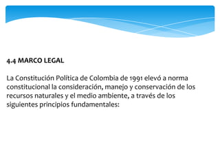 4.4 MARCO LEGAL

La Constitución Política de Colombia de 1991 elevó a norma
constitucional la consideración, manejo y conservación de los
recursos naturales y el medio ambiente, a través de los
siguientes principios fundamentales:
 