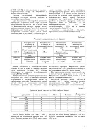 29931
3
(ГОСТ 1530-65) и стерилизовались в сушильно-
стерилизационном шкафу (ТУ 64-1-909-80) и
вертикальном автоклаве.
Методы исследований. Антимикробную
активность определяли методом диффузии в
плотной питательной среде.
Для исследования антимикробной активности
препаратов в стерильные чашки Петри с плотной
питательной средой вносили 1 мл 2-х млрд. взвеси
(в физиологическом растворе хлорида натрия)
культуры микроорганизмов. Через 20-30 мин после
дифундирования микроорганизмов в агар, на
поверхности засеянной среды делали лунки
диаметром 8 мм на расстоянии 4 см друг от друга. В
лунки помещали по 0,1 мл испытуемого
дезинфицирующего средства. После экспозиции в
термостате при 370
С в течении 18-24 ч учитывали
результаты по размерам зоны отсутствия роста
микрорганизмов вокруг дисков. Результаты
определяли как «устойчивый» (микроорганизм
устойчив к действию препарата), когда зона
отсутствия роста не превышала 10 мм,
«малочувствительный» - 11-14 мм,
«чувствительный» - 15-24 мм и «высоко-
чувствительный» - более 25 мм.
Результаты исследований. Результаты
проведенных исследований даны в таблице 1.
Таблица 1
Результаты исследования растворов образцов
Бактерицидная
активность в
отношении Е. Coli
1257
Бактерицидная
активность в
отношении St. aureus
209-Р
Бактерицидная
актиивность в
отношении Е. Coli
1257
Бактерицидная
актиивностьв
отношении St. aureus
209-Р
1%-ная концентрация 3%-ная концентрация
СХВ-11 Задержка роста
микроорганизм ов в
лунке
15 мм Задержка роста
микроорганизм ов в
лунке
25 мм
Стрепгом Задержка роста Задержка роста Задержка роста Задержка роста
ицин микроорганизм микроорганизм микроорганизм микроорганизм
OR в лунке ов в лунке
5
ов в лунке ов в лунке
Острая токсичность и местно-раздражающее
действие СХВ-6 на кожу и слизистые оболочки
глаза определяли согласно МУ «Оценка
токсичности и опасности дезинфицирующих
средств, МУ 1.2.1105-02».
Острую токсичность препарата устанавливали по
показателю ЛД50. Дозы ЛД50 вводимого препарата
отрабатывали в предварительных опытах на
лабораторных животных. Регистрировали каждый
случай гибели и клинического проявления
токсических реакций на вводимые дозы
исследуемого препарата. Определение средне-
смертельной дозы (ЛД50) проводят при разных путях
поступления в организм ДС в острых опытах.
При внутрижелудочном пути используют 4-6 доз
в геометрической прогрессии, но не менее 3.
Максимально вводимый объем мышам - 1 мл,
крысам и морским свинкам - 5 мл.
Результаты изучения острой токсичности
оценивают по 4 классам опасности согласно
классификации по ГОСТ 12.1.007-76 для
внутрижелудочного введения и нанесении на кожу.
Таблица 2.
Параметры острой токсичности СХВ-6 для белых мышей
Доза, мг/кг Кол-во животных Пало Выжило
Летальность,
%
СХВ-6 600 6 0 6 0
1000 6 0 6 0
1500 6 1 5 16
2000 6 2 4 33
2500 6 3 3 50
3000 6 4 2 67
3500 6 5 1 84
4000 6 6 0 100
Гибель белых мышей для СХВ-11 (табл.2)
начинается при пероральном введении дозе 1500
мг/кг. Среднелетальная доза (ЛД50) исследуемого
средства для белых мышей составила 2500 мг/кг
(табл.3). Наивысшая токсическая доза составила
4000 мг/кг.
 