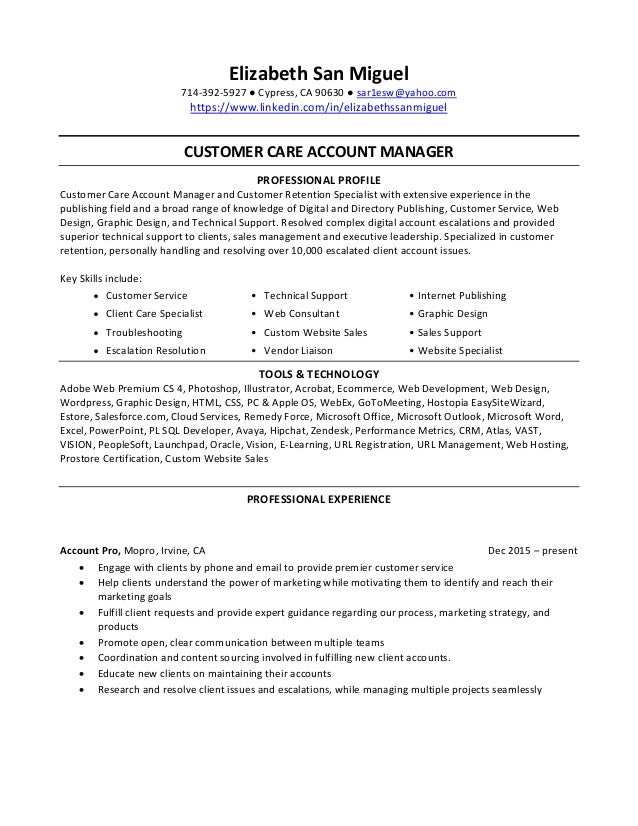 resume elizabeth san miguel customer care photoshop customer service