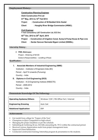 Employment History:-
Construction Planning Engineer
Oishi Construction Pvt Ltd
01st
May, 2013 to 10th
Feb’2014
ProjectProjectProjectProject : Construction of 50 Bedded Girls Hostel
Client : Hooghly River Bridge Commission (HRBC).
Civil Engineer
FFFF----Tech Consultancy (L&T ConstTech Consultancy (L&T ConstTech Consultancy (L&T ConstTech Consultancy (L&T Construction Ltd, ECC Divruction Ltd, ECC Divruction Ltd, ECC Divruction Ltd, ECC Div))))
02nd
Oct, 2012 to 20th
April, 2014
Project : Construction of Irrigation Canal, Sump & Pump-House & Pipe Line
Client : Sardar Sarovar Narmada Nigam Limited (SSNNL).
Internship History:-
PWD, Bishnupur.
Project: - Widening of NH-60
Duties & Responsibilities: - Levelling of Road.
Qualification:-
I. Associate Members of Industrial Engineering (AMIE)
Institution: - Institution of Engineers India (IEI)
Period: - April’14 onwards (Pursuing).
Country: - India
II. Diploma in Civil Engineering (DCE)
Institution: - K.G Engineering Institute (WBSCTE)
Period: - 2009-2012
Country: - India
Operating Systems/Others Windows 7/XP / MS Office Full / Internet
Engineering Drawing Auto Cad
Relational Application ERP
Got medal from college for ‘Topper of the Year’.
Champions in Quiz Competition in high school.
Managing the project deadlines as per the schedule.
Submitting & Certifying 24 nos. RA bills amounting Rs. 70 Cr within the contractual period.
Received various Appreciation mails from project management team.
Improved Client Satisfaction.
Conducted construction training/internship program & presentation to the students.
Demonstrate Knowledge Of The Following:-
Achievements
 