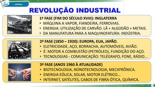 1ª FASE (FIM DO SÉCULO XVIII): INGLATERRA
• MÁQUINA A VAPOR, FIANDEIRA, FERROVIAS.
• ENERGIA: UTILIZAÇÃO DE CARVÃO. LÃ + ALGODÃO + METAIS.
• DA MANUFATURA PARA A MAQUINOFATURA: INDÚSTRIA.
2ª FASE (1850 – 1920): EUROPA, EUA, JAPÃO.
• ELETRICIDADE, AÇO, BORRACHA, AUTOMÓVEIS, AVIÃO.
• É: MOTOR A COMBUSTÃO (PETRÓLEO), FUNDIÇÃO DO AÇO.
• TECNOLOGIAS - COMUNICAÇÃO: TELÉGRAFO, FONE, RÁDIO...
3ª FASE (ANOS 1960 À ATUALIDADE)
• BIOTECNOLOGIA, NONOTECNOLOGIA, MECATRÔNICA.
• ENERGIA EÓLICA, SOLAR, MOTOR ELÉTRICO...
• INTERNET, SATÉLITES, CABOS DE FIBRA ÓTICA, QUÍMICA.
8
 