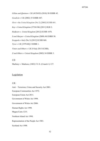 497246
52
Gillan and Quinton v UK (4158/05) (2010) 50 EHRR 45.
Goodwin v UK (2002) 35 EHRR 447.
Hirst v the United Kingdom (No 2) [2005] ECHR 681.
Kay v United Kingdom (37341/06) [2011] HLR 2.
Redfearn v. United Kingdom [2012] ECHR 1878.
S and Marper v United Kingdom (2009) 48 EHRR 50.
Scoppola v Italy (No 3) [2012] ECHR 868.
Tyrer v UK [1979-80] 2 EHRR 1.
Vinter and Others v UK (9 July 2013 ECHR).
Z and Others v United Kingdom (2002) 34 EHRR 3.
US:
Marbury v. Madison, (1803) 5 U.S. (Cranch 1) 137.
Legislation
UK:
Anti – Terrorism, Crime and Security Act 2001.
European Communities Act 1972.
European Union Act 2011.
Government of Wales Act 1998.
Government of Wales Act 2006.
Human Rights Act 1998.
Magna Carta 1215.
Northern Island Act 1998.
Representation of the People Act 1983.
Scotland Act 1998.
 