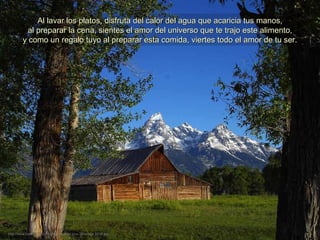 Al lavar los platos, disfruta del calor del agua que acaricia tus manos,
           al preparar la cena, sientes el amor del universo que te trajo este alimento,
         y como un regalo tuyo al preparar esta comida, viertes todo el amor de tu ser.




http://www.tom-phillips.info/images/cool.pics.35/image.3515.jpg
 