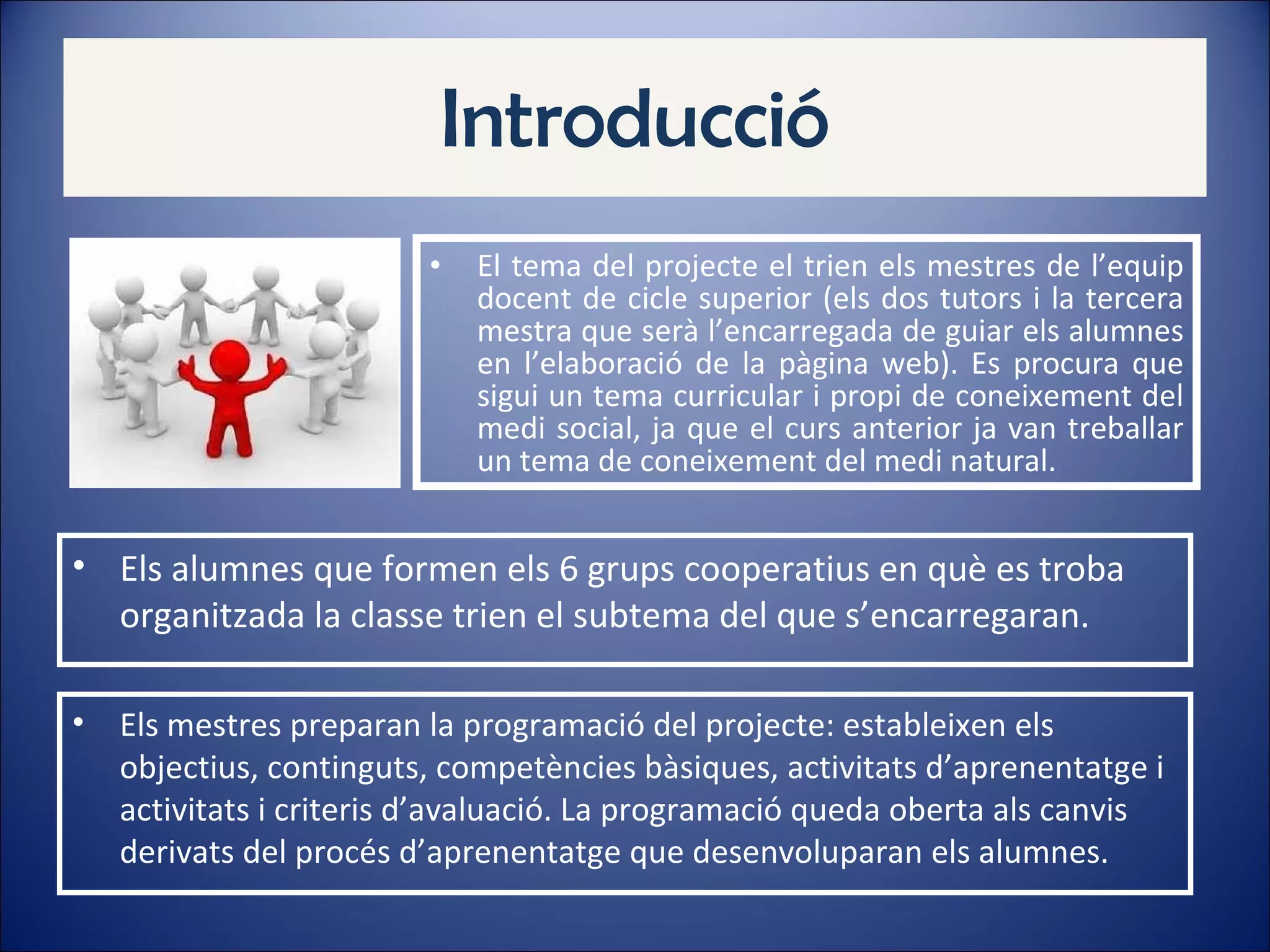 Introducció El tema del projecte el trien els mestres de l’equip docent de cicle superior (els dos tutors i la tercera mestra que serà l’encarregada de guiar els alumnes en l’elaboració de la pàgina web). Es procura que sigui un tema curricular i propi de coneixement del medi social, ja que el curs anterior ja van treballar un tema de coneixement del medi natural. Els alumnes que formen els 6 grups cooperatius en què es troba organitzada la classe trien el subtema del que s’encarregaran. Els mestres preparan la programació del projecte: estableixen els objectius, continguts, competències bàsiques, activitats d’aprenentatge i activitats i criteris d’avaluació. La programació queda oberta als canvis derivats del procés d’aprenentatge que desenvoluparan els alumnes. 