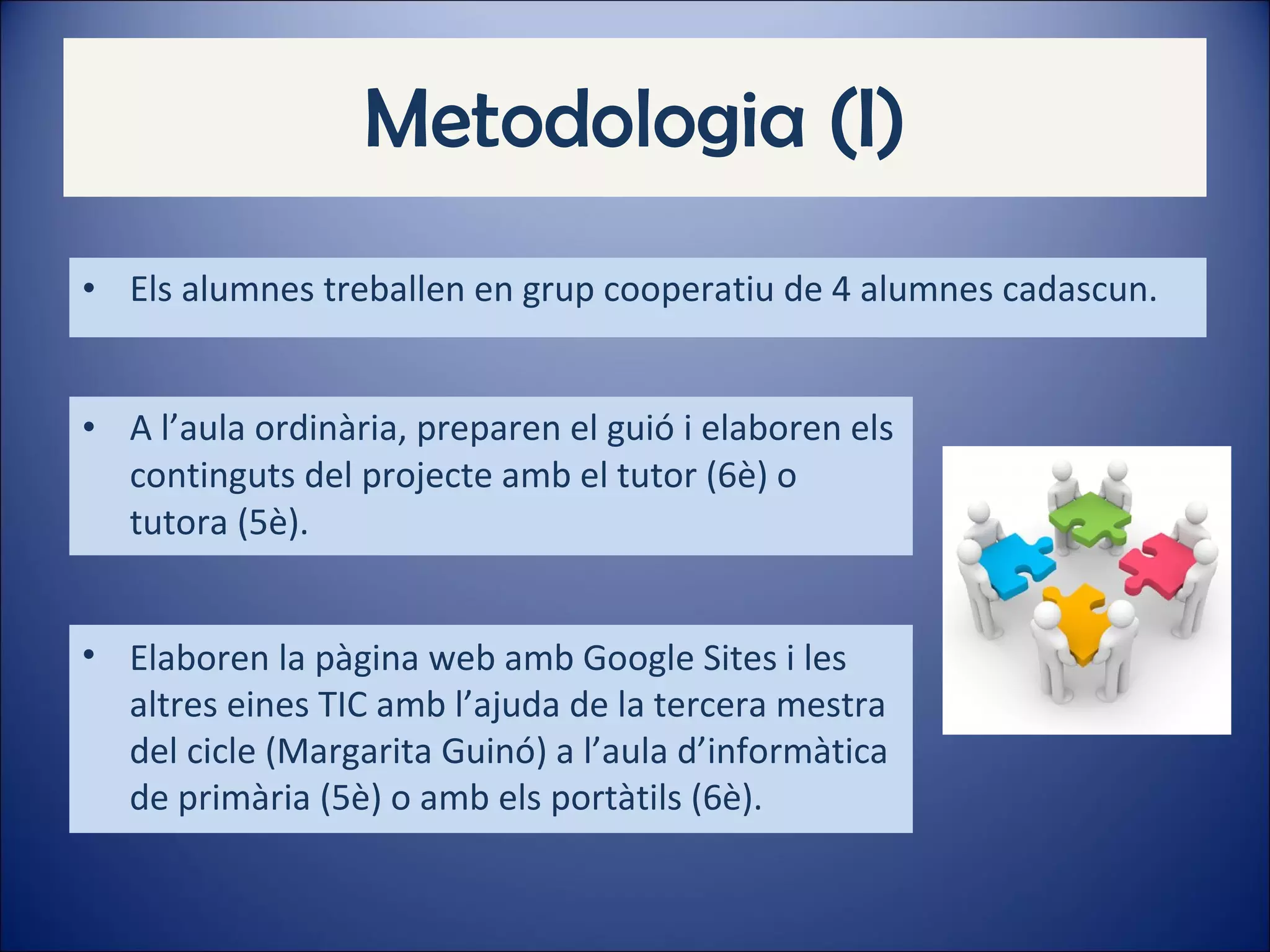 Metodologia (I) Els alumnes treballen en grup cooperatiu de 4 alumnes cadascun.  A l’aula ordinària, preparen el guió i elaboren els continguts del projecte amb el tutor (6è) o tutora (5è). Elaboren la pàgina web amb Google Sites i les altres eines TIC amb l’ajuda de la tercera mestra del cicle (Margarita Guinó) a l’aula d’informàtica de primària (5è) o amb els portàtils (6è). 