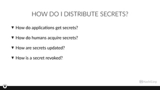 HOW DO I DISTRIBUTE SECRETS?
How do applica3ons get secrets?
How do humans acquire secrets?
How are secrets updated?
How is a secret revoked?
 