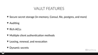 VAULT FEATURES
Secure secret storage (in-memory, Consul, ﬁle, postgres, and more)
Audi3ng
Rich ACLs
Mul3ple client authen3ca3on methods
Leasing, renewal, and revoca3on
Dynamic secrets
 