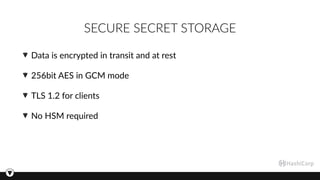 SECURE SECRET STORAGE
Data is encrypted in transit and at rest
256bit AES in GCM mode
TLS 1.2 for clients
No HSM required
 