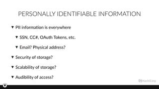 PERSONALLY IDENTIFIABLE INFORMATION
PII informa3on is everywhere
SSN, CC#, OAuth Tokens, etc.
Email? Physical address?
Security of storage?
Scalability of storage?
Audibility of access?
 