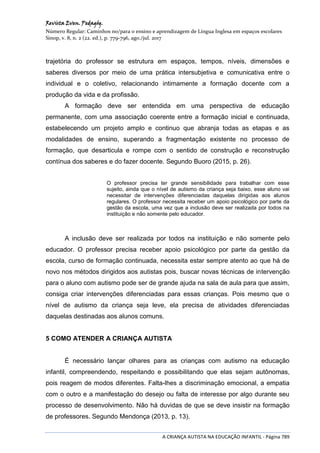 Revista Even. Pedagóg.
Número Regular: Caminhos no/para o ensino e aprendizagem de Língua Inglesa em espaços escolares
Sinop, v. 8, n. 2 (22. ed.), p. 779-796, ago./jul. 2017
A CRIANÇA AUTISTA NA EDUCAÇÃO INFANTIL - Página 789
trajetória do professor se estrutura em espaços, tempos, níveis, dimensões e
saberes diversos por meio de uma prática intersubjetiva e comunicativa entre o
individual e o coletivo, relacionando intimamente a formação docente com a
produção da vida e da profissão.
A formação deve ser entendida em uma perspectiva de educação
permanente, com uma associação coerente entre a formação inicial e continuada,
estabelecendo um projeto amplo e continuo que abranja todas as etapas e as
modalidades de ensino, superando a fragmentação existente no processo de
formação, que desarticula e rompe com o sentido de construção e reconstrução
contínua dos saberes e do fazer docente. Segundo Buoro (2015, p. 26).
O professor precisa ter grande sensibilidade para trabalhar com esse
sujeito, ainda que o nível de autismo da criança seja baixo, esse aluno vai
necessitar de intervenções diferenciadas daquelas dirigidas aos alunos
regulares. O professor necessita receber um apoio psicológico por parte da
gestão da escola, uma vez que a inclusão deve ser realizada por todos na
instituição e não somente pelo educador.
A inclusão deve ser realizada por todos na instituição e não somente pelo
educador. O professor precisa receber apoio psicológico por parte da gestão da
escola, curso de formação continuada, necessita estar sempre atento ao que há de
novo nos métodos dirigidos aos autistas pois, buscar novas técnicas de intervenção
para o aluno com autismo pode ser de grande ajuda na sala de aula para que assim,
consiga criar intervenções diferenciadas para essas crianças. Pois mesmo que o
nível de autismo da criança seja leve, ela precisa de atividades diferenciadas
daquelas destinadas aos alunos comuns.
5 COMO ATENDER A CRIANÇA AUTISTA
É necessário lançar olhares para as crianças com autismo na educação
infantil, compreendendo, respeitando e possibilitando que elas sejam autônomas,
pois reagem de modos diferentes. Falta-lhes a discriminação emocional, a empatia
com o outro e a manifestação do desejo ou falta de interesse por algo durante seu
processo de desenvolvimento. Não há duvidas de que se deve insistir na formação
de professores. Segundo Mendonça (2013, p. 13).
 