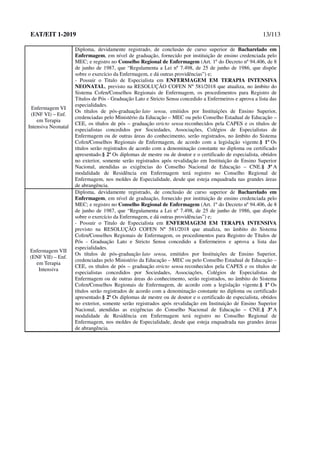 EAT/EIT 1-2019 13/113
Enfermagem VI
(ENF VI) – Enf.
em Terapia
Intensiva Neonatal
Diploma, devidamente registrado, de conclusão de curso superior de Bacharelado em
Enfermagem, em nível de graduação, fornecido por instituição de ensino credenciada pelo
MEC; e registro no Conselho Regional de Enfermagem (Art. 1º do Decreto nº 94.406, de 8
de junho de 1987, que “Regulamenta a Lei nº 7.498, de 25 de junho de 1986, que dispõe
sobre o exercício da Enfermagem, e dá outras providências”) e;
- Possuir o Titulo de Especialista em ENFERMAGEM EM TERAPIA INTENSIVA
NEONATAL, previsto na RESOLUÇÃO COFEN Nº 581/2018 que atualiza, no âmbito do
Sistema Cofen/Conselhos Regionais de Enfermagem, os procedimentos para Registro de
Títulos de Pós - Graduação Lato e Stricto Sensu concedido a Enfermeiros e aprova a lista das
especialidades.
Os títulos de pós-graduação lato sensu, emitidos por Instituições de Ensino Superior,
credenciadas pelo Ministério da Educação – MEC ou pelo Conselho Estadual de Educação –
CEE, os títulos de pós – graduação stricto sensu reconhecidos pela CAPES e os títulos de
especialistas concedidos por Sociedades, Associações, Colégios de Especialistas de
Enfermagem ou de outras áreas do conhecimento, serão registrados, no âmbito do Sistema
Cofen/Conselhos Regionais de Enfermagem, de acordo com a legislação vigente.§ 1º Os
títulos serão registrados de acordo com a denominação constante no diploma ou certificado
apresentado.§ 2º Os diplomas de mestre ou de doutor e o certificado de especialista, obtidos
no exterior, somente serão registrados após revalidação em Instituição de Ensino Superior
Nacional, atendidas as exigências do Conselho Nacional de Educação – CNE.§ 3º A
modalidade de Residência em Enfermagem terá registro no Conselho Regional de
Enfermagem, nos moldes de Especialidade, desde que esteja enquadrada nas grandes áreas
de abrangência.
Enfermagem VII
(ENF VII) – Enf.
em Terapia
Intensiva
Diploma, devidamente registrado, de conclusão de curso superior de Bacharelado em
Enfermagem, em nível de graduação, fornecido por instituição de ensino credenciada pelo
MEC; e registro no Conselho Regional de Enfermagem (Art. 1º do Decreto nº 94.406, de 8
de junho de 1987, que “Regulamenta a Lei nº 7.498, de 25 de junho de 1986, que dispõe
sobre o exercício da Enfermagem, e dá outras providências”) e;
- Possuir o Titulo de Especialista em ENFERMAGEM EM TERAPIA INTENSIVA
previsto na RESOLUÇÃO COFEN Nº 581/2018 que atualiza, no âmbito do Sistema
Cofen/Conselhos Regionais de Enfermagem, os procedimentos para Registro de Títulos de
Pós - Graduação Lato e Stricto Sensu concedido a Enfermeiros e aprova a lista das
especialidades.
Os títulos de pós-graduação lato sensu, emitidos por Instituições de Ensino Superior,
credenciadas pelo Ministério da Educação – MEC ou pelo Conselho Estadual de Educação –
CEE, os títulos de pós – graduação stricto sensu reconhecidos pela CAPES e os títulos de
especialistas concedidos por Sociedades, Associações, Colégios de Especialistas de
Enfermagem ou de outras áreas do conhecimento, serão registrados, no âmbito do Sistema
Cofen/Conselhos Regionais de Enfermagem, de acordo com a legislação vigente.§ 1º Os
títulos serão registrados de acordo com a denominação constante no diploma ou certificado
apresentado.§ 2º Os diplomas de mestre ou de doutor e o certificado de especialista, obtidos
no exterior, somente serão registrados após revalidação em Instituição de Ensino Superior
Nacional, atendidas as exigências do Conselho Nacional de Educação – CNE.§ 3º A
modalidade de Residência em Enfermagem terá registro no Conselho Regional de
Enfermagem, nos moldes de Especialidade, desde que esteja enquadrada nas grandes áreas
de abrangência.
 