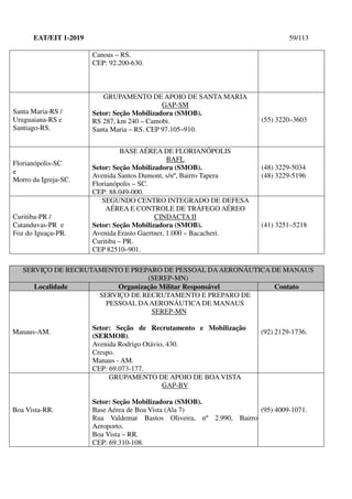 EAT/EIT 1-2019 59/113
Canoas – RS.
CEP: 92.200-630.
Santa Maria-RS /
Uruguaiana-RS e
Santiago-RS.
GRUPAMENTO DE APOIO DE SANTA MARIA
GAP-SM
Setor: Seção Mobilizadora (SMOB).
RS 287, km 240 – Camobi.
Santa Maria – RS. CEP 97.105–910.
(55) 3220–3603
Florianópolis-SC
e
Morro da Igreja-SC.
BASE AÉREA DE FLORIANÓPOLIS
BAFL
Setor: Seção Mobilizadora (SMOB).
Avenida Santos Dumont, s/nº, Bairro Tapera
Florianópolis – SC.
CEP: 88.049-000.
(48) 3229-5034
(48) 3229-5196
Curitiba-PR /
Catanduvas-PR e
Foz do Iguaçu-PR.
SEGUNDO CENTRO INTEGRADO DE DEFESA
AÉREA E CONTROLE DE TRÁFEGO AÉREO
CINDACTA II
Setor: Seção Mobilizadora (SMOB).
Avenida Erasto Gaertner, 1.000 – Bacacheri.
Curitiba – PR.
CEP 82510–901.
(41) 3251–5218
SERVIÇO DE RECRUTAMENTO E PREPARO DE PESSOAL DAAERONÁUTICA DE MANAUS
(SEREP-MN)
Localidade Organização Militar Responsável Contato
Manaus-AM.
SERVIÇO DE RECRUTAMENTO E PREPARO DE
PESSOAL DAAERONÁUTICA DE MANAUS
SEREP-MN
Setor: Seção de Recrutamento e Mobilização
(SERMOB).
Avenida Rodrigo Otávio, 430.
Crespo.
Manaus - AM.
CEP: 69.073-177.
(92) 2129-1736.
Boa Vista-RR.
GRUPAMENTO DE APOIO DE BOA VISTA
GAP-BV
Setor: Seção Mobilizadora (SMOB).
Base Aérea de Boa Vista (Ala 7)
Rua Valdemar Bastos Oliveira, nº 2.990, Bairro
Aeroporto.
Boa Vista – RR.
CEP: 69.310-108.
(95) 4009-1071.
 
