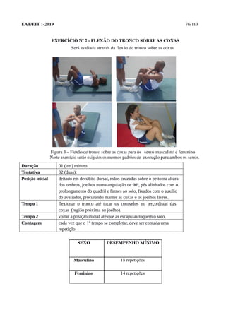 EAT/EIT 1-2019 76/113
EXERCÍCIO Nº 2 - FLEXÃO DO TRONCO SOBRE AS COXAS
Será avaliada através da flexão do tronco sobre as coxas.
Figura 3 – Flexão de tronco sobre as coxas para os sexos masculino e feminino
Neste exercício serão exigidos os mesmos padrões de execução para ambos os sexos.
Duração 01 (um) minuto.
Tentativa 02 (duas).
Posição inicial deitado em decúbito dorsal, mãos cruzadas sobre o peito na altura
dos ombros, joelhos numa angulação de 90º, pés alinhados com o
prolongamento do quadril e firmes ao solo, fixados com o auxílio
do avaliador, procurando manter as coxas e os joelhos livres.
Tempo 1 flexionar o tronco até tocar os cotovelos no terço distal das
coxas (região próxima ao joelho).
Tempo 2 voltar à posição inicial até que as escápulas toquem o solo.
Contagem cada vez que o 1º tempo se completar, deve ser contada uma
repetição
SEXO DESEMPENHO MÍNIMO
Masculino 18 repetições
Feminino 14 repetições
 