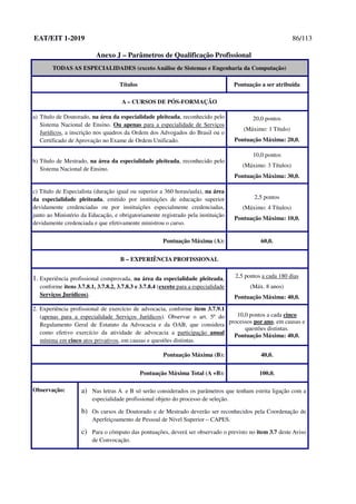 EAT/EIT 1-2019 86/113
Anexo J – Parâmetros de Qualificação Profissional
TODAS AS ESPECIALIDADES (exceto Análise de Sistemas e Engenharia da Computação)
Títulos Pontuação a ser atribuída
A – CURSOS DE PÓS-FORMAÇÃO
a) Título de Doutorado, na área da especialidade pleiteada, reconhecido pelo
Sistema Nacional de Ensino. Ou apenas para a especialidade de Serviços
Jurídicos, a inscrição nos quadros da Ordem dos Advogados do Brasil ou o
Certificado de Aprovação no Exame de Ordem Unificado.
20,0 pontos
(Máximo: 1 Título)
Pontuação Máxima: 20,0.
b) Título de Mestrado, na área da especialidade pleiteada, reconhecido pelo
Sistema Nacional de Ensino.
10,0 pontos
(Máximo: 3 Títulos)
Pontuação Máxima: 30,0.
c) Título de Especialista (duração igual ou superior a 360 horas/aula), na área
da especialidade pleiteada, emitido por instituições de educação superior
devidamente credenciadas ou por instituições especialmente credenciadas,
junto ao Ministério da Educação, e obrigatoriamente registrado pela instituição
devidamente credenciada e que efetivamente ministrou o curso.
2,5 pontos
(Máximo: 4 Títulos)
Pontuação Máxima: 10,0.
Pontuação Máxima (A): 60,0.
B – EXPERIÊNCIA PROFISSIONAL
1. Experiência profissional comprovada, na área da especialidade pleiteada,
conforme itens 3.7.8.1, 3.7.8.2, 3.7.8.3 e 3.7.8.4 (exceto para a especialidade
Serviços Jurídicos).
2,5 pontos a cada 180 dias
(Máx. 8 anos)
Pontuação Máxima: 40,0.
2. Experiência profissional de exercício de advocacia, conforme item 3.7.9.1
(apenas para a especialidade Serviços Jurídicos). Observar o art. 5º do
Regulamento Geral de Estatuto da Advocacia e da OAB, que considera
como efetivo exercício da atividade de advocacia a participação anual
mínima em cinco atos privativos, em causas e questões distintas.
10,0 pontos a cada cinco
processos por ano, em causas e
questões distintas.
Pontuação Máxima: 40,0.
Pontuação Máxima (B): 40,0.
Pontuação Máxima Total (A +B): 100,0.
Observação: a) Nas letras A e B só serão considerados os parâmetros que tenham estrita ligação com a
especialidade profissional objeto do processo de seleção.
b) Os cursos de Doutorado e de Mestrado deverão ser reconhecidos pela Coordenação de
Aperfeiçoamento de Pessoal de Nível Superior – CAPES.
c) Para o cômputo das pontuações, deverá ser observado o previsto no item 3.7 deste Aviso
de Convocação.
 
