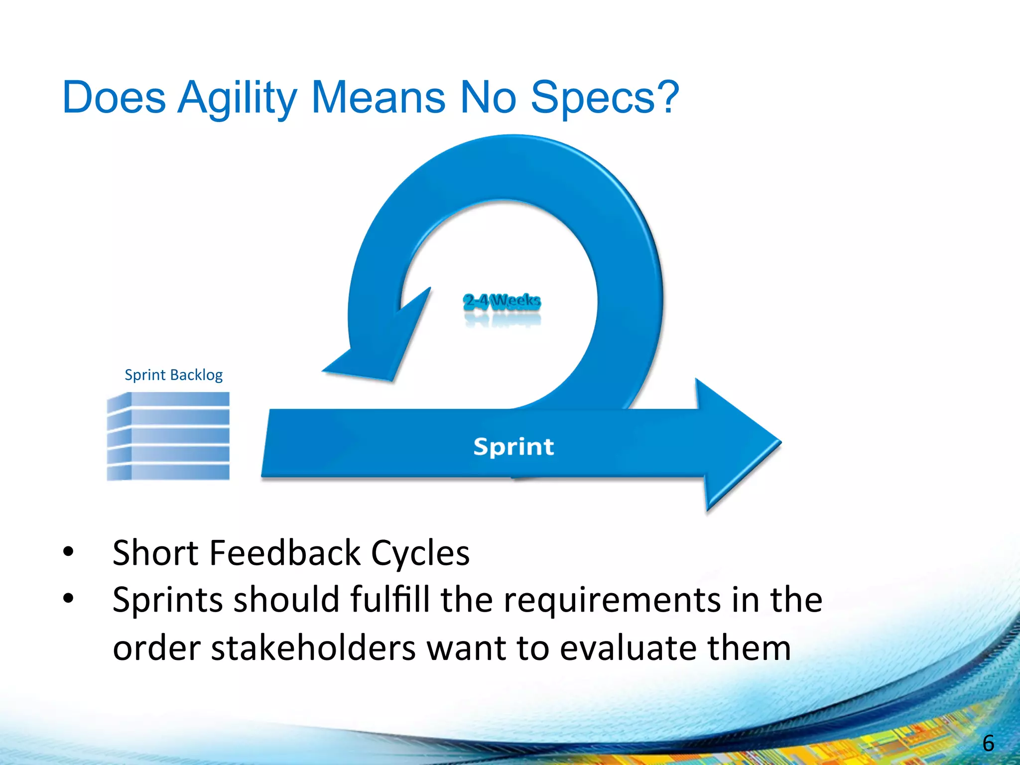 6	
  
Does Agility Means No Specs?
•  Short	
  Feedback	
  Cycles	
  
•  Sprints	
  should	
  fulﬁll	
  the	
  requirements	
  in	
  the	
  
order	
  stakeholders	
  want	
  to	
  evaluate	
  them	
  
Sprint	
  Backlog	
  
 