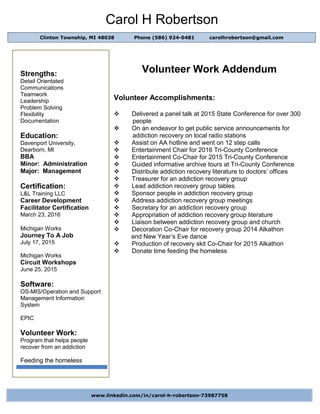 Carol H Robertson
Volunteer Work Addendum
Volunteer Accomplishments:
 Delivered a panel talk at 2015 State Conference for over 300
people
 On an endeavor to get public service announcements for
addiction recovery on local radio stations
 Assist on AA hotline and went on 12 step calls
 Entertainment Chair for 2016 Tri-County Conference
 Entertainment Co-Chair for 2015 Tri-County Conference
 Guided informative archive tours at Tri-County Conference
 Distribute addiction recovery literature to doctors’ offices
 Treasurer for an addiction recovery group
 Lead addiction recovery group tables
 Sponsor people in addiction recovery group
 Address addiction recovery group meetings
 Secretary for an addiction recovery group
 Appropriation of addiction recovery group literature
 Liaison between addiction recovery group and church
 Decoration Co-Chair for recovery group 2014 Alkathon
and New Year’s Eve dance
 Production of recovery skit Co-Chair for 2015 Alkathon
 Donate time feeding the homeless
Clinton Township, MI 48038 Phone (586) 924-0481 carolhrobertson@gmail.com
Strengths:
Detail Orientated
Communications
Teamwork
Leadership
Problem Solving
Flexibility
Documentation
Education:
Davenport University,
Dearborn, MI
BBA
Minor: Administration
Major: Management
Certification:
L&L Training LLC
Career Development
Facilitator Certification
March 23, 2016
Michigan Works
Journey To A Job
July 17, 2015
Michigan Works
Circuit Workshops
June 25, 2015
Software:
OS-MIS/Operation and Support
Management Information
System
EPIC
Volunteer Work:
Program that helps people
recover from an addiction
Feeding the homeless
www.linkedin.com/in/carol-h-robertson-73987758
 