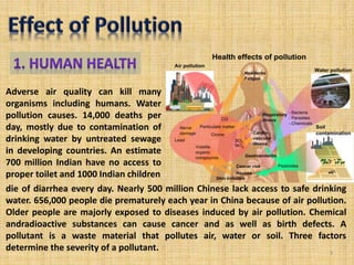 Adverse air quality can kill many
organisms including humans. Water
pollution causes. 14,000 deaths per
day, mostly due to contamination of
drinking water by untreated sewage
in developing countries. An estimate
700 million Indian have no access to
proper toilet and 1000 Indian children
die of diarrhea every day. Nearly 500 million Chinese lack access to safe drinking
water. 656,000 people die prematurely each year in China because of air pollution.
Older people are majorly exposed to diseases induced by air pollution. Chemical
andradioactive substances can cause cancer and as well as birth defects. A
pollutant is a waste material that pollutes air, water or soil. Three factors
determine the severity of a pollutant. 3
 
