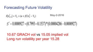 Forecasting Future Volatility
May-2-2016
se
=0.0000927+(0.7993+0.1537)*(0.00004286-0.0000927)
10.67 GRACH vol vs 15.05 implied vol
Long run volatility per year 15.28
 