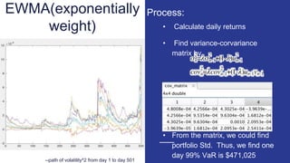 EWMA(exponentially
weight) • Calculate daily returns
• Find variance-corvariance
matrix by
• From the matrix, we could find
portfolio Std. Thus, we find one
day 99% VaR is $471,025
Process:
--path of volatility^2 from day 1 to day 501
 