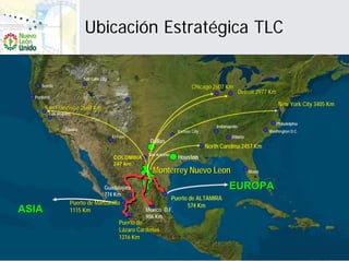 Ubicación Estratégica TLC

                           Salt Lake City
     Seattle                                                                    Chicago 2607 Km
                                              Denver                                                      Detroit 2977 Km
  Portland
                                                                                                                             New York City 3405 Km
       San Francisco 2660 Km
         Los Angeles

                                                                                                                            Philadelphia
                                                                                           Indianapolis
                 Tijuana                                                 Kansas City                                  Washington D.C.
                                            El Paso                                                Atlanta
                                                          Dallas
                                                                                       North Carolina 2457 Km
                                                         San Antonio
                                            COLOMBIA                     Houston
                                            247 km
                                                           Monterrey Nuevo Leon                               Miami


                                       Guadalajara                                                EUROPA
                                       774 Km
                                                                       Puerto de ALTAMIRA
                   Puerto de Manzanillo                                      574 Km
ASIA               1115 Km                              Mexico D.F.
                                                        986 Km
                                               Puerto de
                                               Lázaro Cárdenas
                                               1316 Km
 
