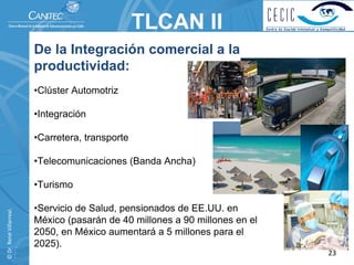 TLCAN II
                          De la Integración comercial a la
                          productividad:
                          •Clúster Automotriz

                          •Integración

                          •Carretera, transporte

                          •Telecomunicaciones (Banda Ancha)

                          •Turismo

                          •Servicio de Salud, pensionados de EE.UU. en
© Dr. René Villarreal. 




                          México (pasarán de 40 millones a 90 millones en el
                          2050, en México aumentará a 5 millones para el
                          2025).
                                                                               23
 
