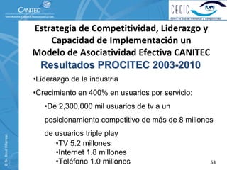 Estrategia de Competitividad, Liderazgo y 
                              Capacidad de Implementación un                
                          Modelo de Asociatividad Efectiva CANITEC
                           Resultados PROCITEC 2003-2010
                          •Liderazgo de la industria
                          •Crecimiento en 400% en usuarios por servicio:
                             •De 2,300,000 mil usuarios de tv a un
                             posicionamiento competitivo de más de 8 millones
                             de usuarios triple play
© Dr. René Villarreal. 




                                •TV 5.2 millones
                                •Internet 1.8 millones
                                •Teléfono 1.0 millones                      53
 