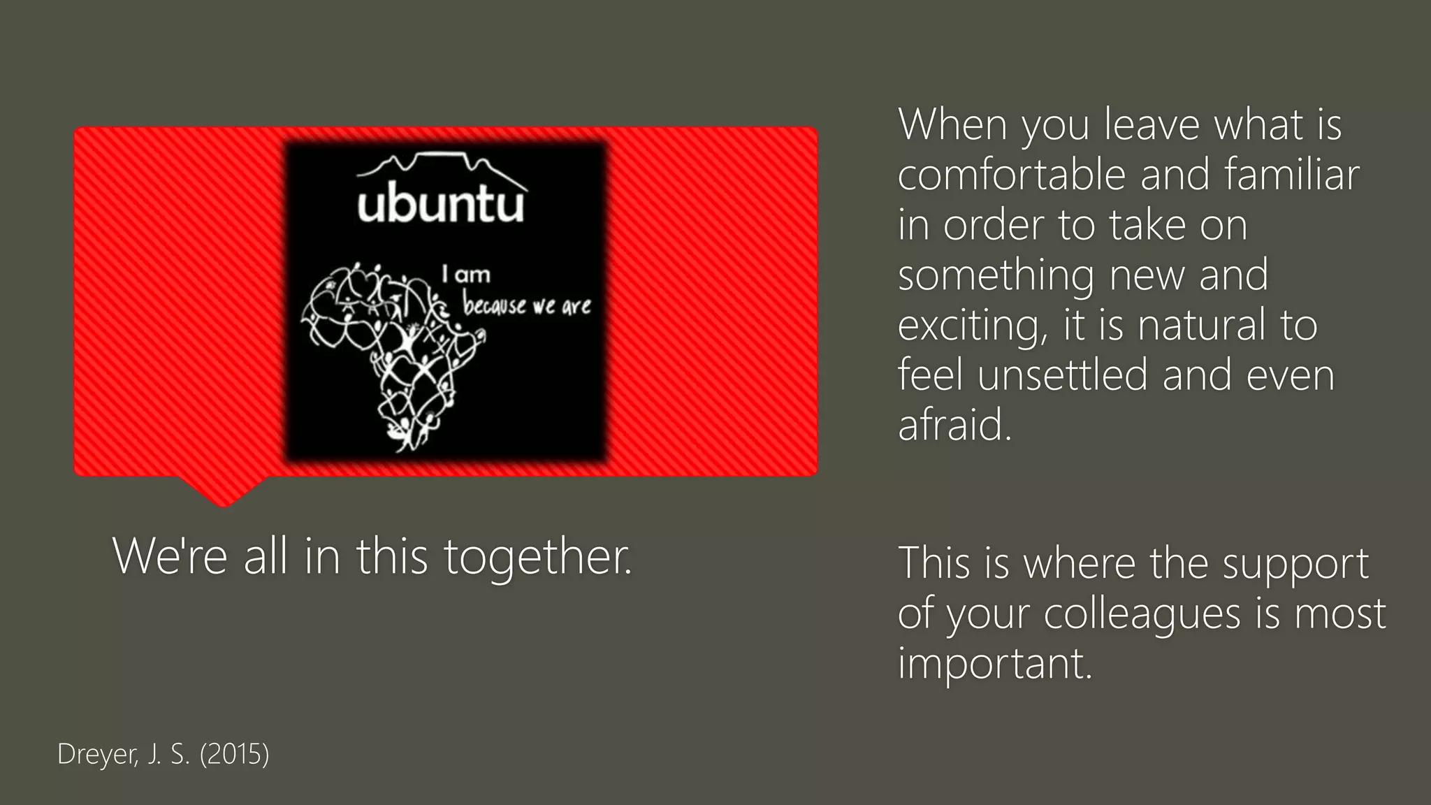 We're all in this together.
When you leave what is
comfortable and familiar
in order to take on
something new and
exciting, it is natural to
feel unsettled and even
afraid.
This is where the support
of your colleagues is most
important.
Dreyer, J. S. (2015)
 