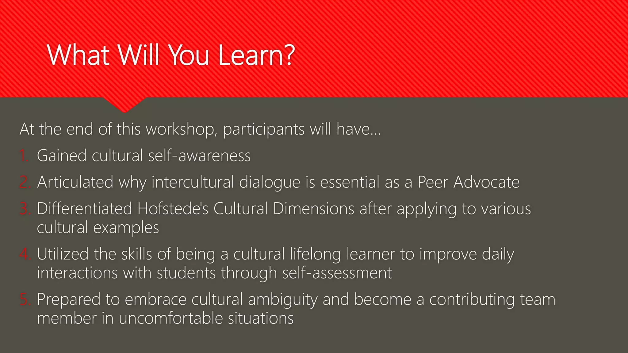 What Will You Learn?
At the end of this workshop, participants will have...
1. Gained cultural self-awareness
2. Articulated why intercultural dialogue is essential as a Peer Advocate
3. Differentiated Hofstede's Cultural Dimensions after applying to various
cultural examples
4. Utilized the skills of being a cultural lifelong learner to improve daily
interactions with students through self-assessment
5. Prepared to embrace cultural ambiguity and become a contributing team
member in uncomfortable situations
 
